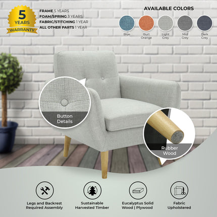 Dane Single Seater Fabric Upholstered Sofa Armchair Lounge Couch - Light Grey